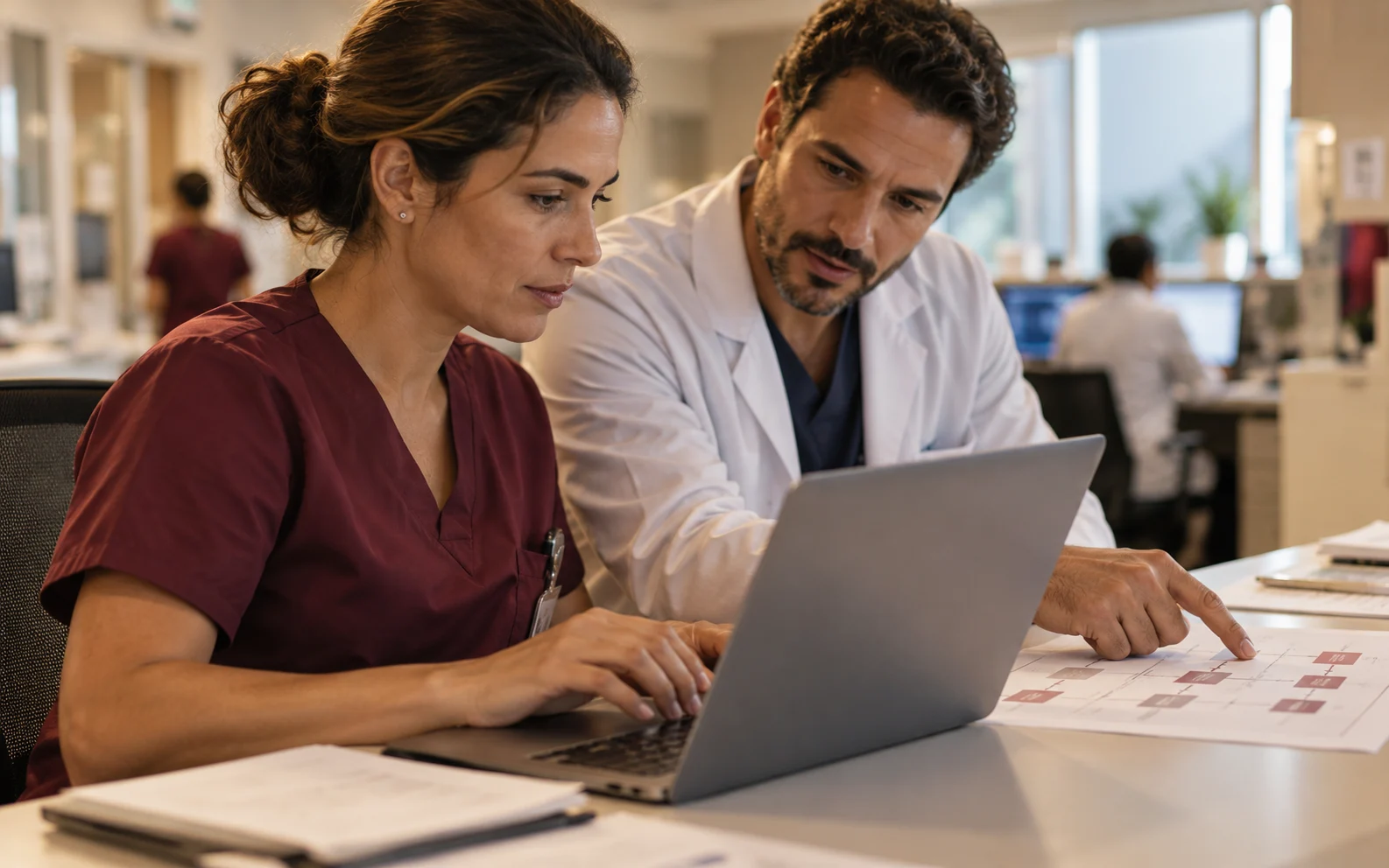 Profissionais usando tecnologia no trabalho em saúde