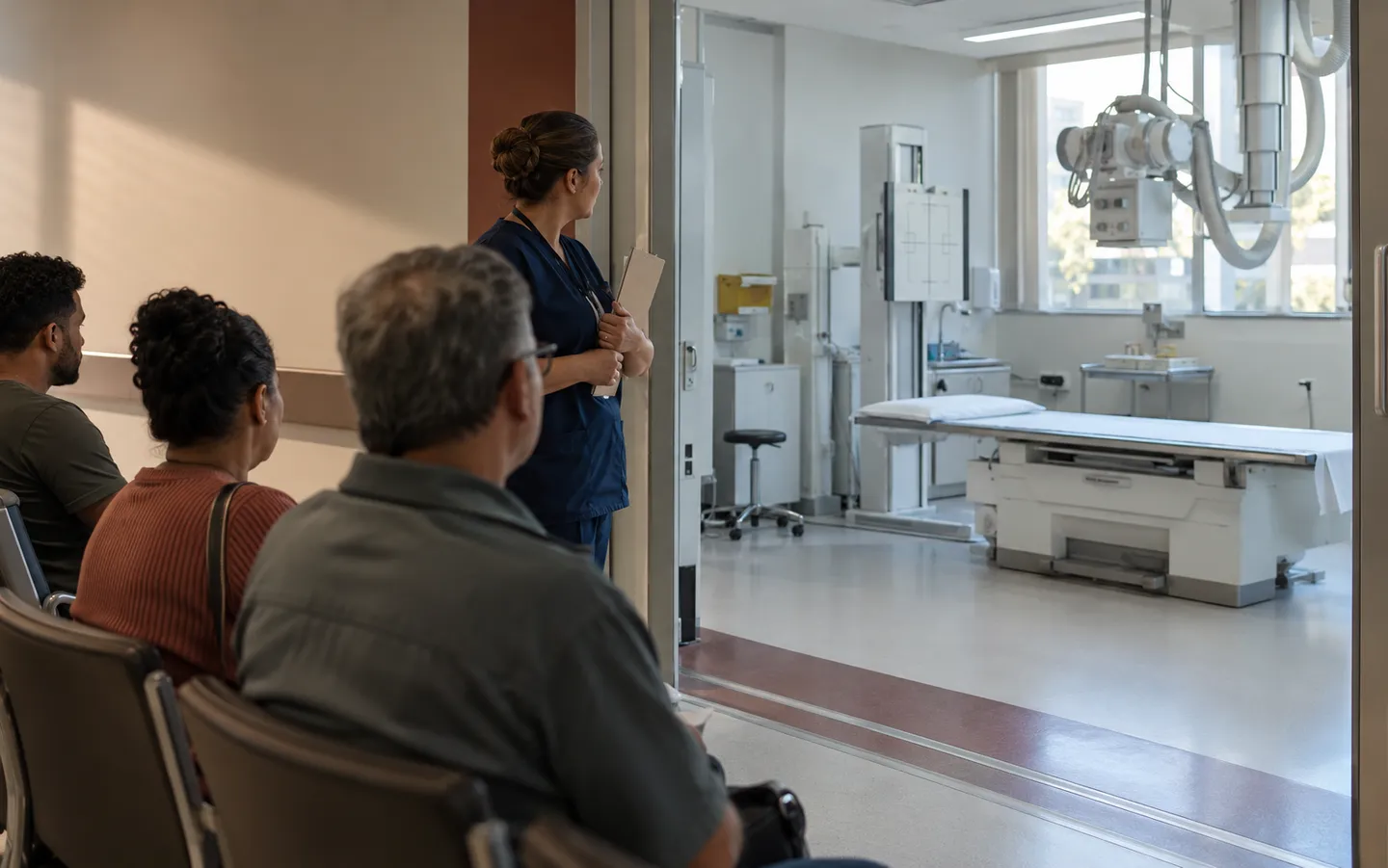 An imaging exam room, ready and empty, while patients wait in the hallway