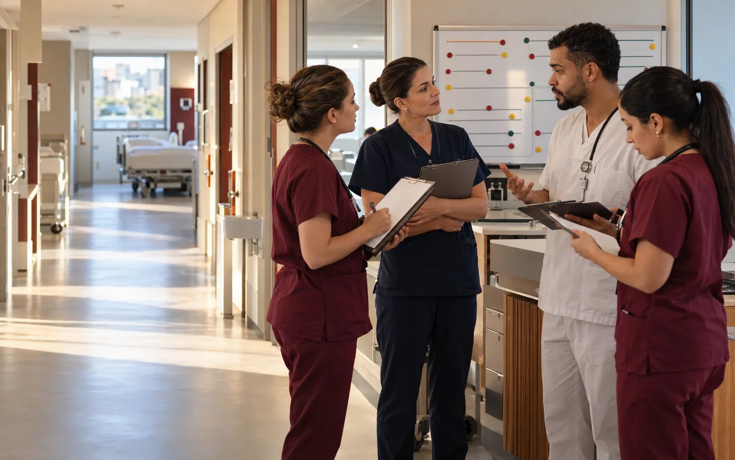 A nurse manager leads a shift handoff with three nurses taking on their responsibilities