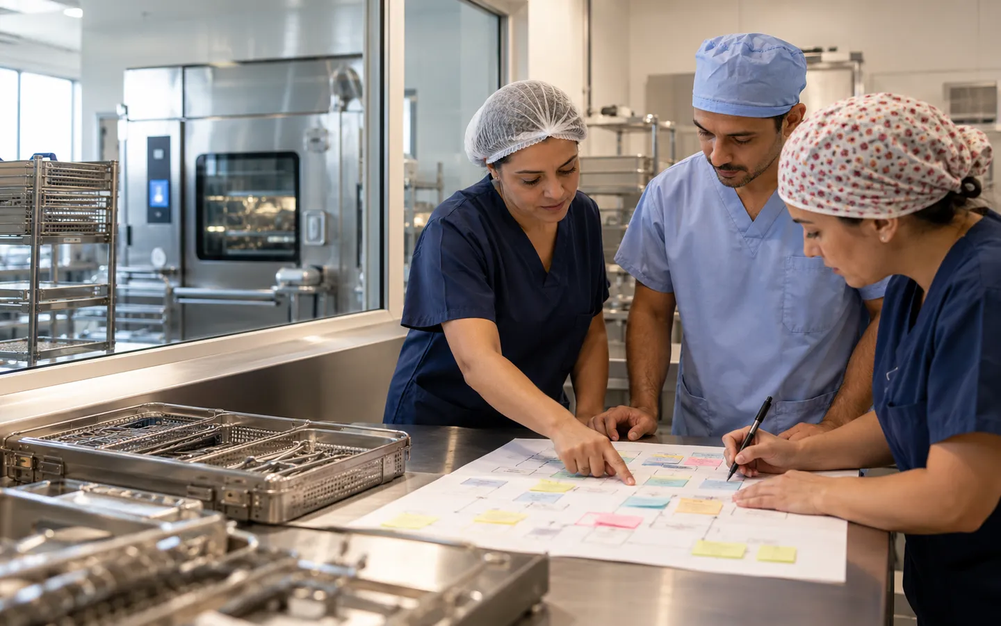 Nursing and sterile processing staff review a printed workflow with notes