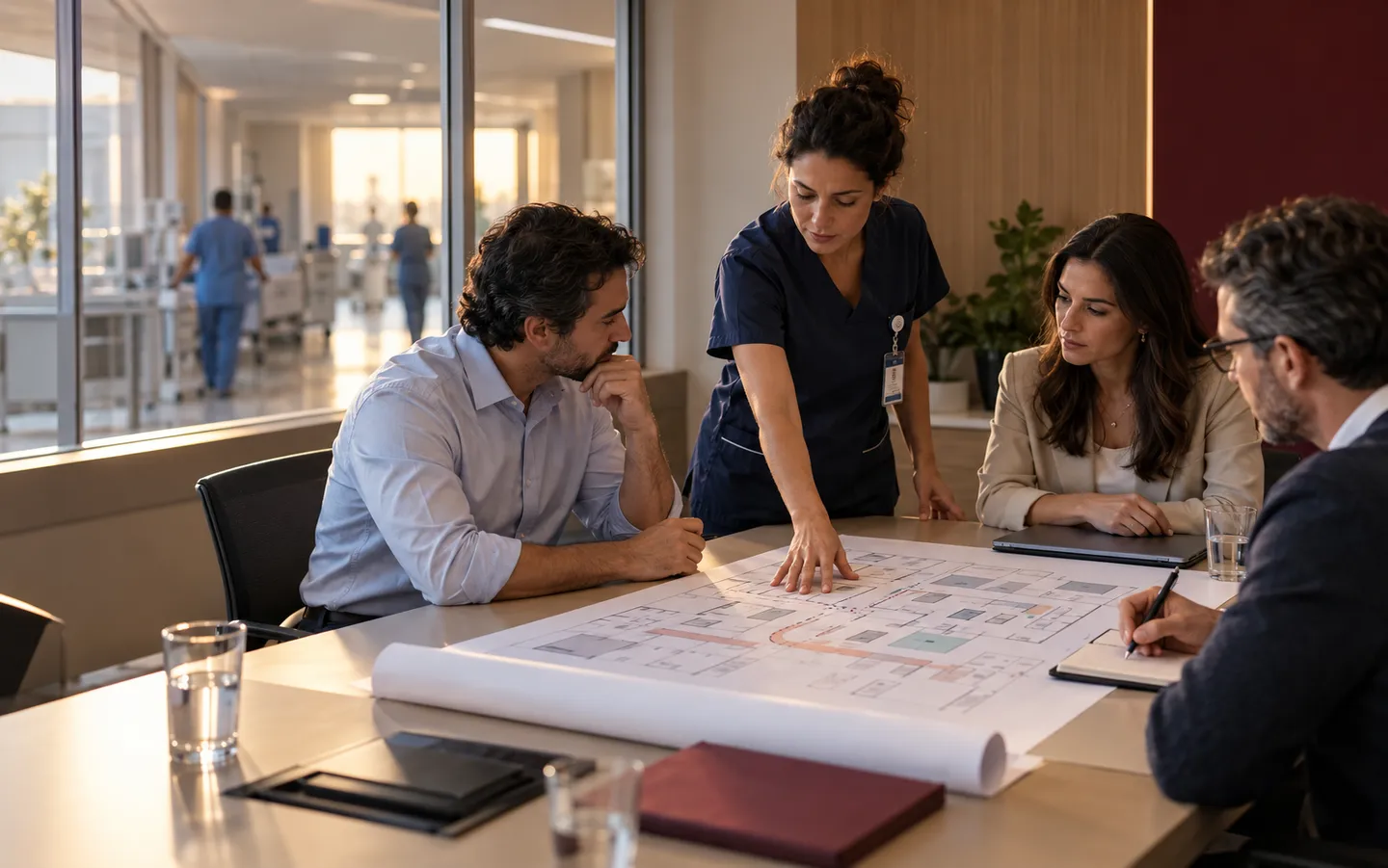 A nurse leader runs a meeting with executives, finance and operations about a patient workflow